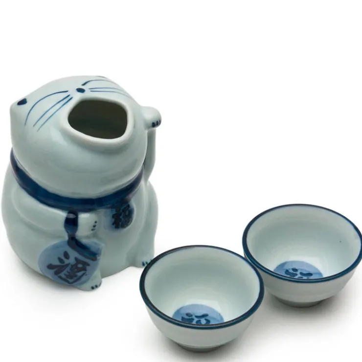 MIYA Company Blue & White Cat Sake Set at Miya
