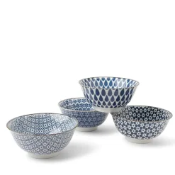MIYA Company Blue and white assorted patterns on four ceramic bowl set made in Japan available at Miya.