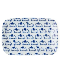 MIYA Company Blue and white rabbit design trinket tray or snack plate made in Japan available through Miya.
