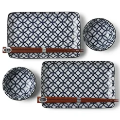 MIYA Company Blue and white shippou pattern on a ceramic sushi for two set made in Japan available at Miya.