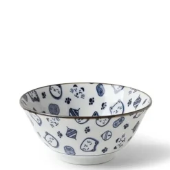 MIYA Company Maneki Neko Fortune Cat Pattern Blue and White Bowl Made in Japan Available at Miya.