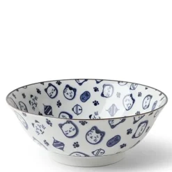 MIYA Company Maneki Neko Fortune Cat Pattern Blue and White Bowl Made in Japan Available at Miya.