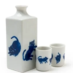 MIYA Company Midnight blue cat sake set featuring playful cats made in Japan available at Miya.