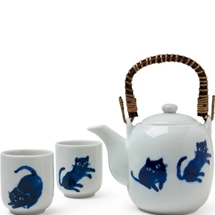 MIYA Company Midnight Blue Cat tea set with playful cats made in Japan available at Miya.