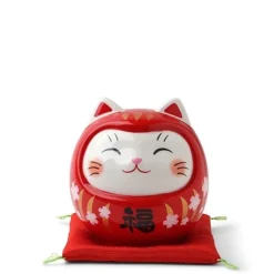 MIYA Company Red ceramic fortune cat dressed as a daruma for double the luck made in Japan.