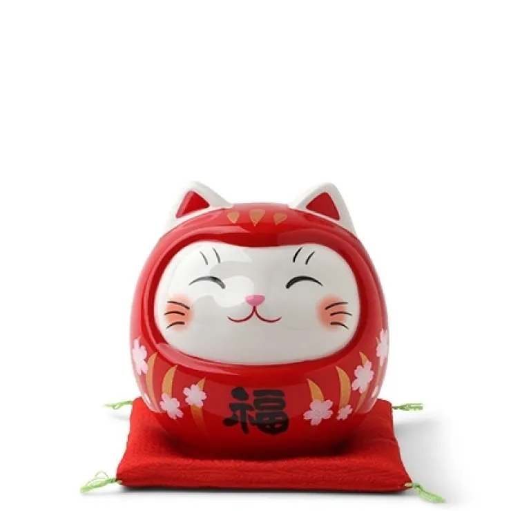 MIYA Company Red ceramic fortune cat dressed as a daruma for double the luck made in Japan.