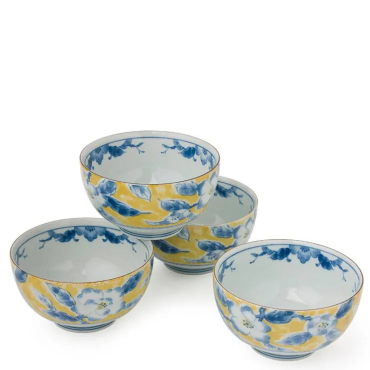 MIYA Company Yellow and Blue 5" Bowl Set of Four Made in Japan.